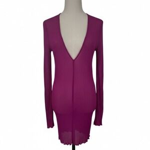 NEW Intimately Free People Ribbed Deep V Neck Sheer Long Sleeve Dress Pink M